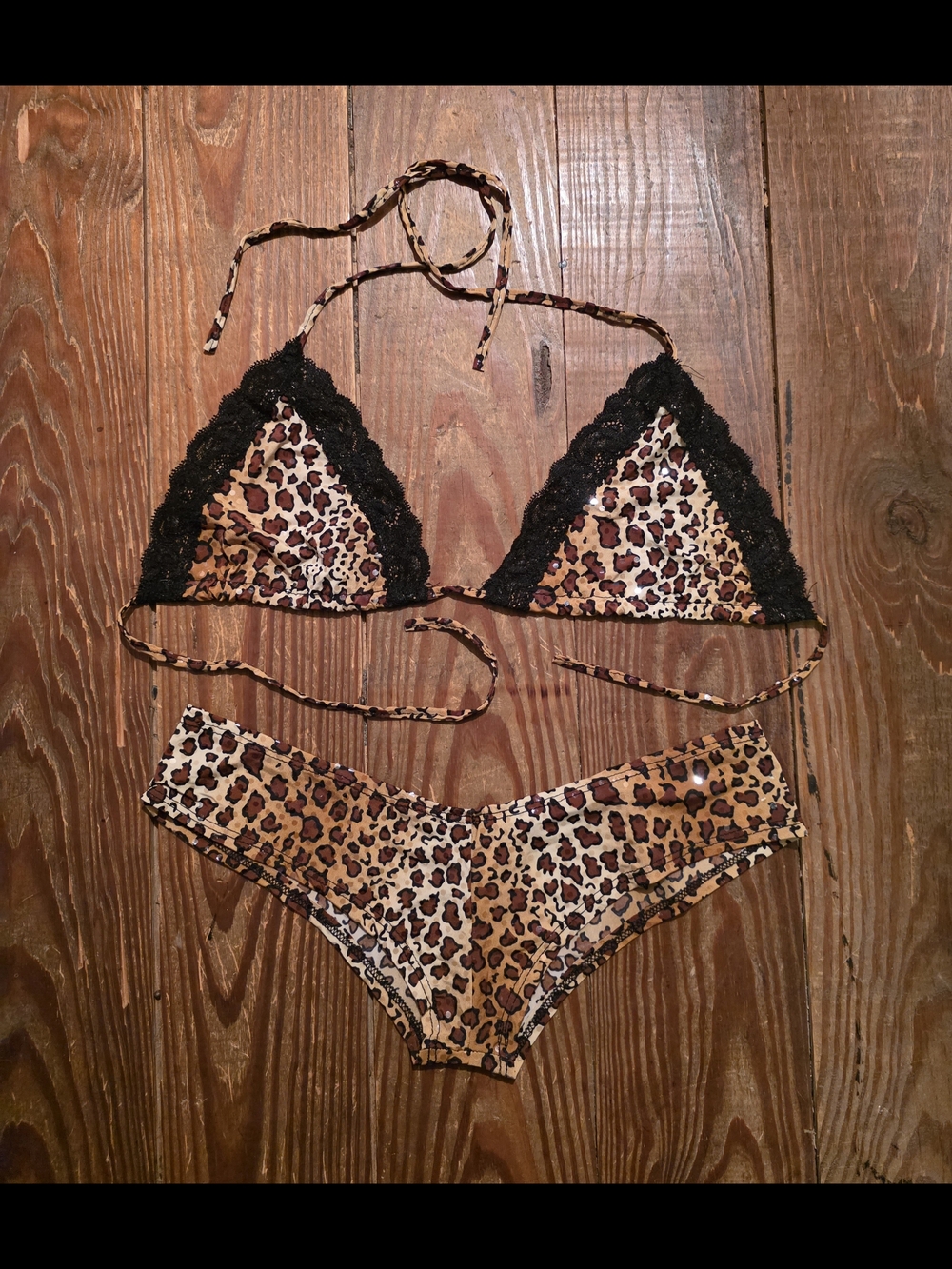 Foreplay Catalogue Two Piece Leopard Sequin Print Lingerie Set